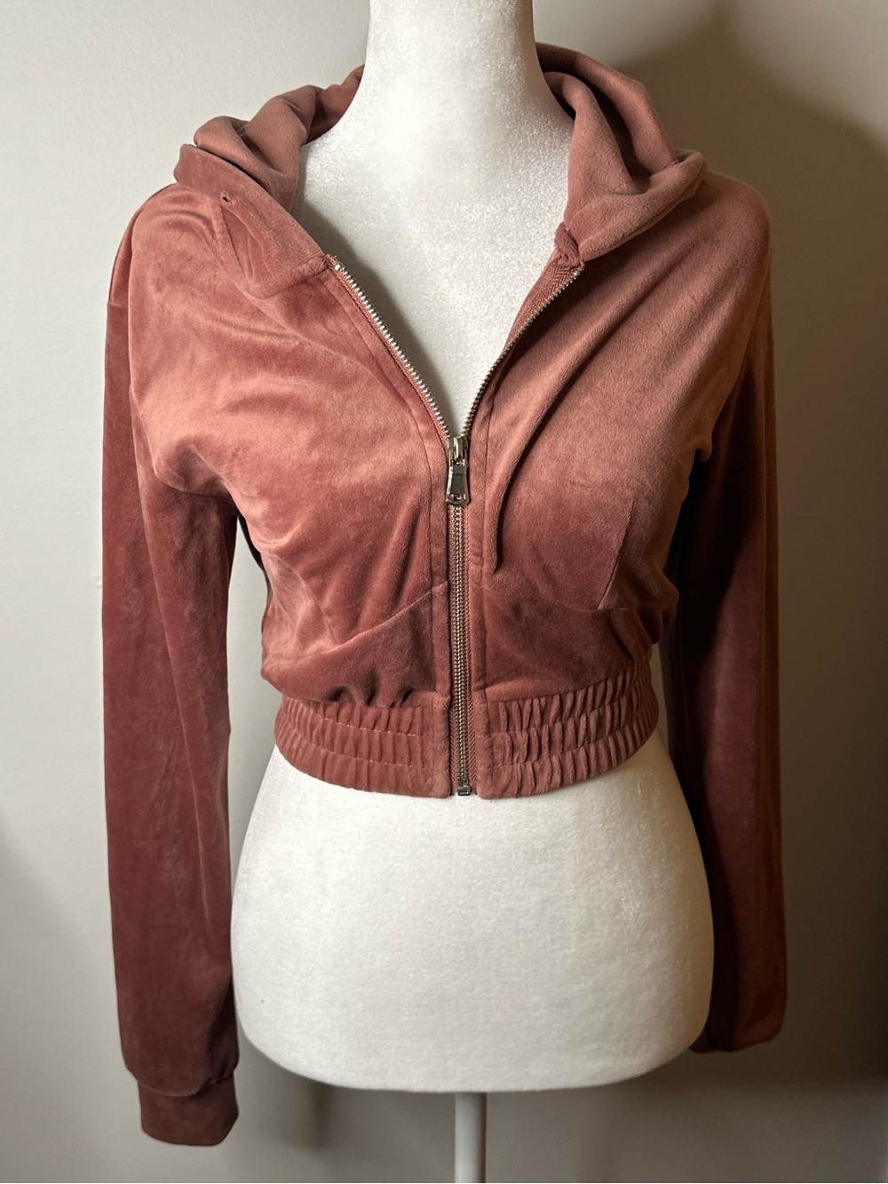 Dolls Soft Rose Cropped Velour Zip Essential Stylish Hoodie Jacket -Women’s